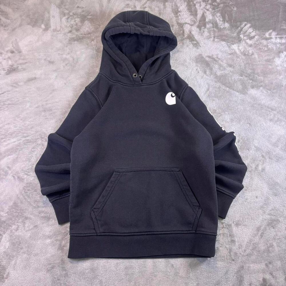 Carhartt Spellout Hoodie Women’s XS Black Pullover Relaxed Fit No Drawstrings
